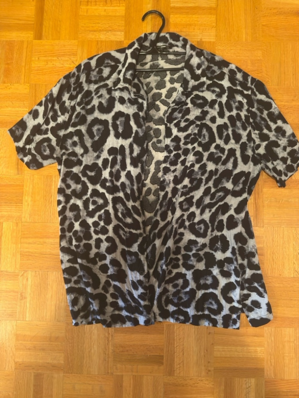 Fashion Nova Black and Gray Leopard Print Short Sleeve Button Down Shirt